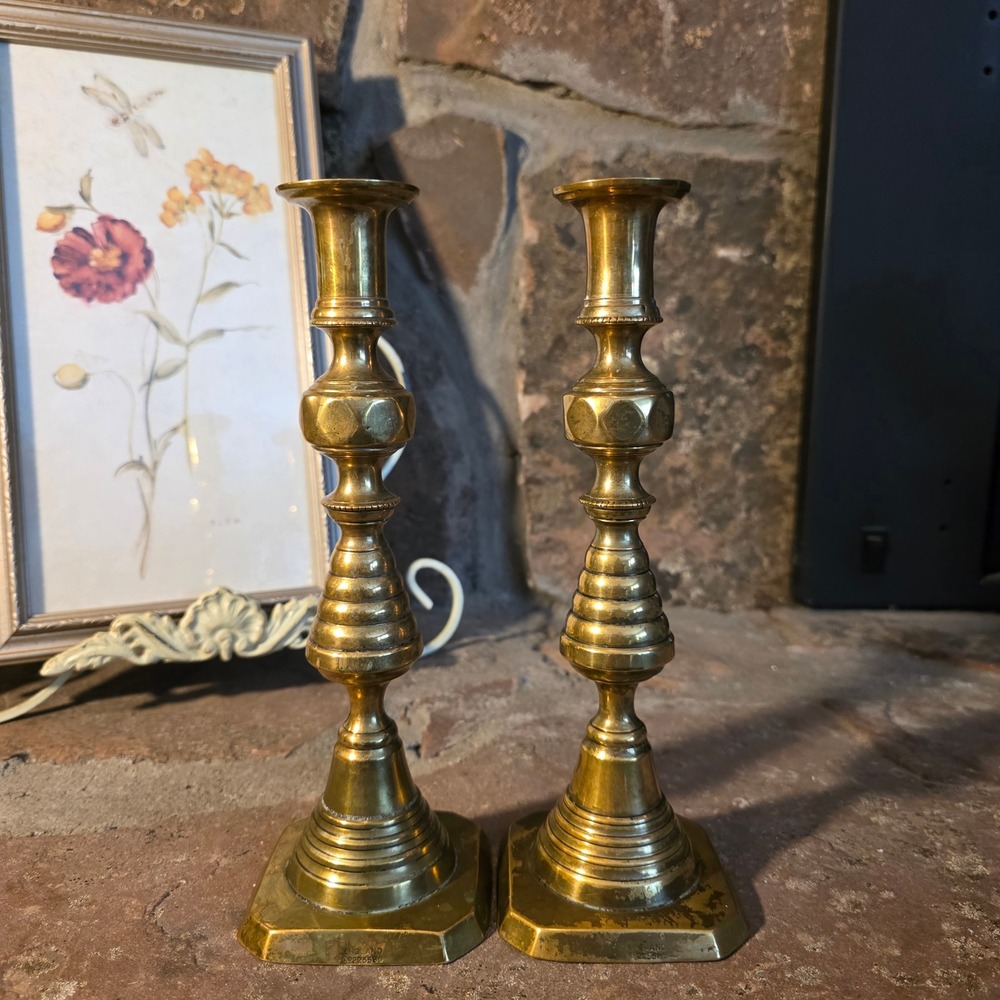 Antique Brass Beehive Diamond Candlesticks Pair England RD223580 Victorian 9.25"
